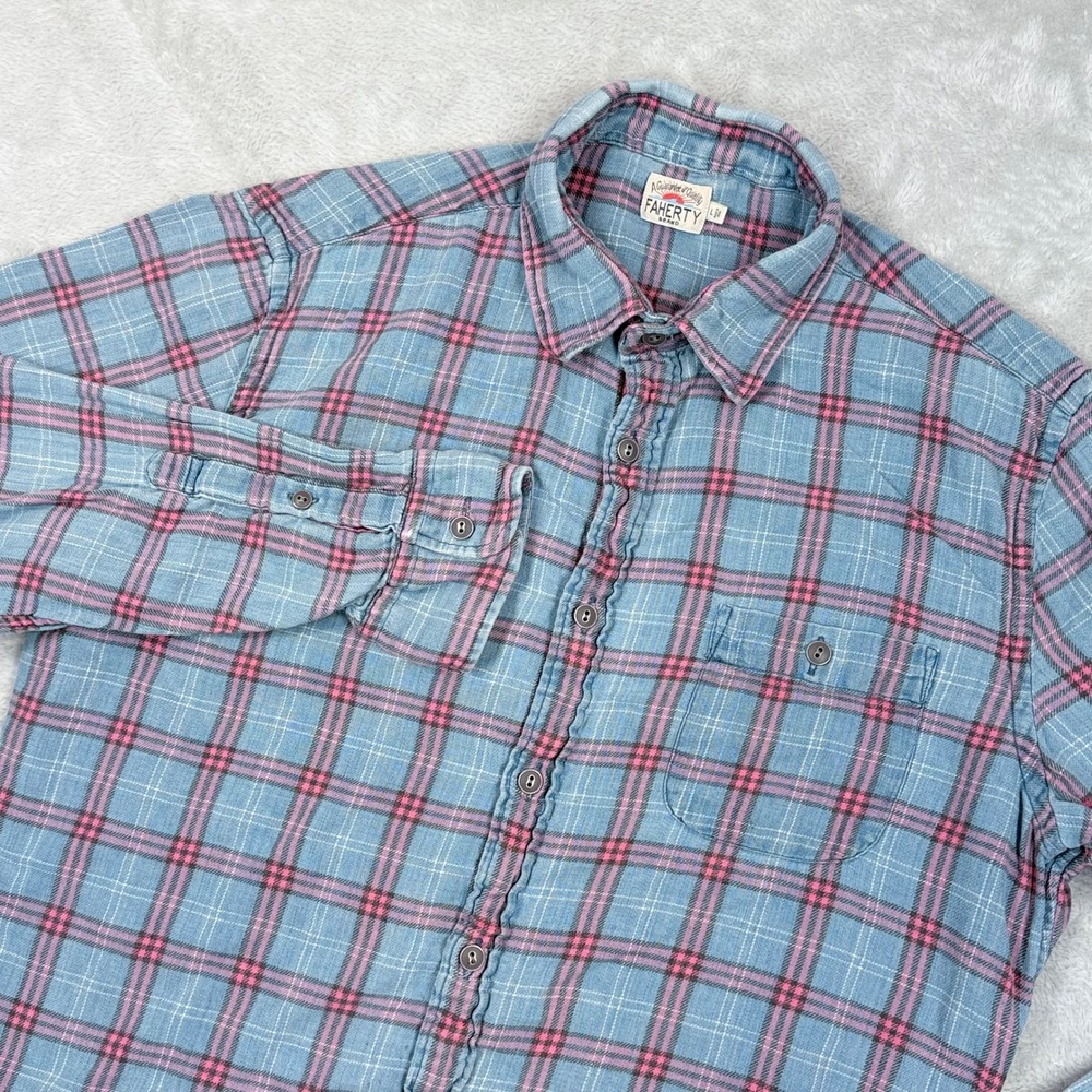Faherty Plaid Flannel Button Up Shirt Mens Large Blue Organic Cotton Long Sleeve